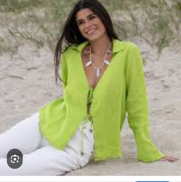 Zara Lime Green Relaxed Tie Front Blouse 100 Percent Linen Size Small - Picture 2 of 12